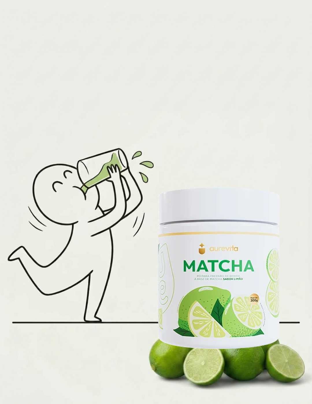 Personagem tomando Matchá Aurevita com limões