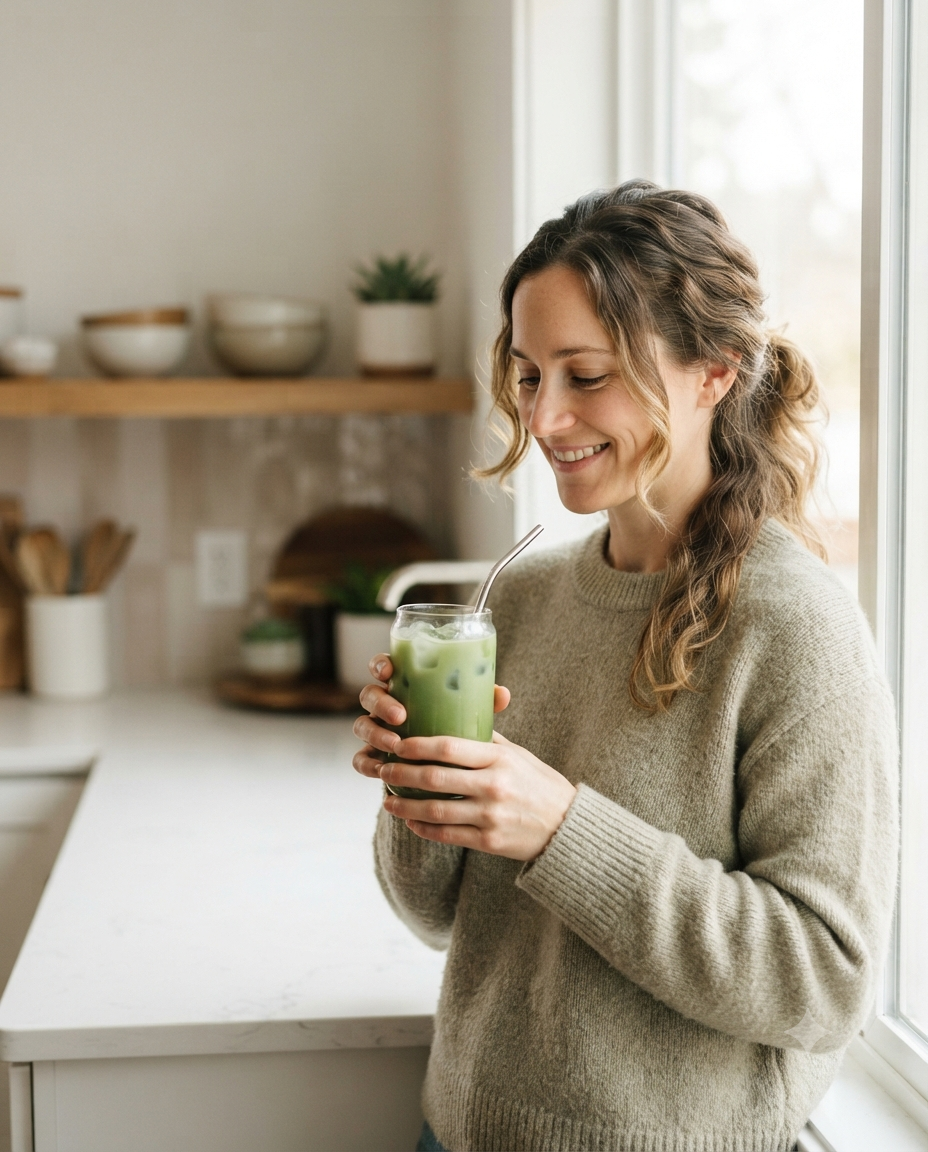 Mulher sorrindo na cozinha com um copo de Matchá Aurevita