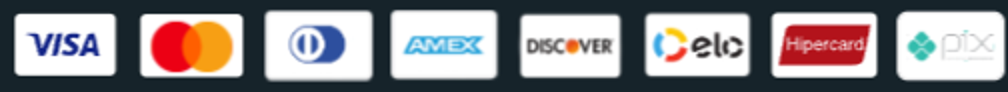 Visa, Mastercard, Diners, Amex, Discover, Elo, Hipercard e Pix